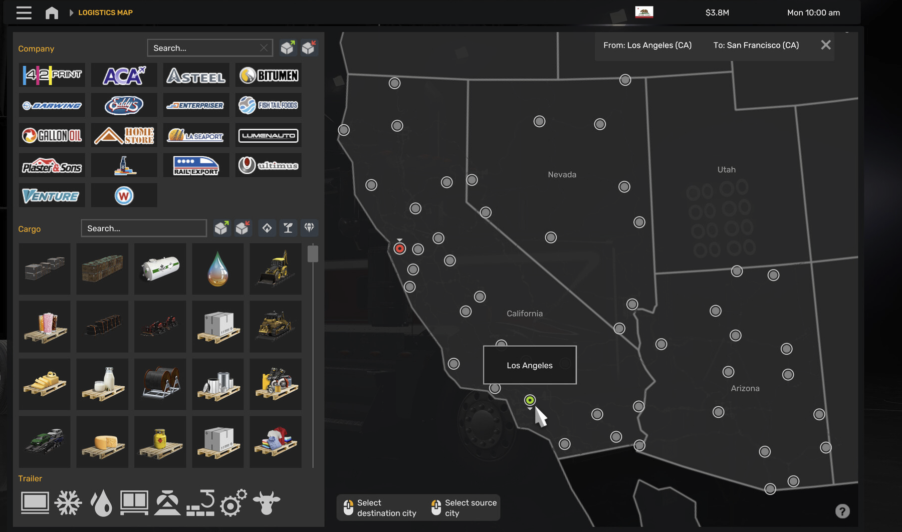 Route planning map view showing an oversized load route from origin to destination with distance, duration, and cost estimate overlay